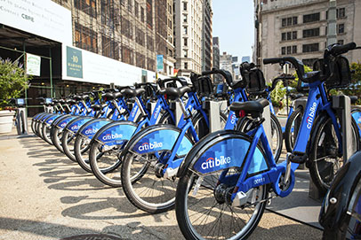 A row of bike share bicycles.